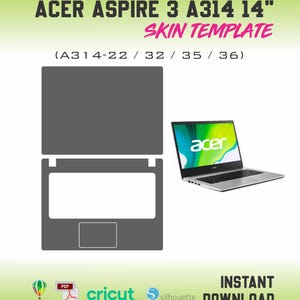Puede incluir: Una plantilla de skin gris para un portátil Acer Aspire 3 A314 de 14 pulgadas. El diseño incluye recortes para la parte superior, el área del teclado y el panel táctil. La imagen también muestra un portátil con el logotipo de Acer y las palabras "Descarga instantánea".