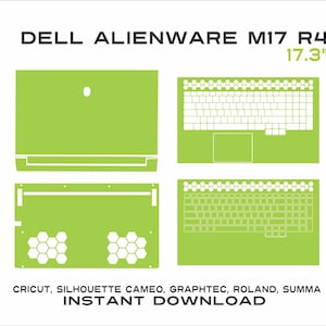 Könnte beinhalten: Eine limettengrüne Laptop-Skin-Vorlage für einen Dell Alienware M17 R4 mit einer Bildschirmgröße von 43,9 cm. Das Design umfasst separate Ausschnitte für die Oberseite, die Unterseite und die Tastaturbereiche. Der Text "INSTANT DOWNLOAD" ist sichtbar.