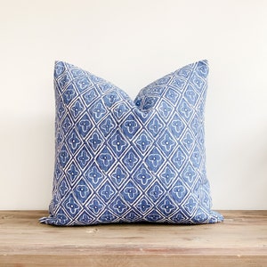 Blue Floral Block Print Pillow Cover: USA Handcrafted Cotton Accent