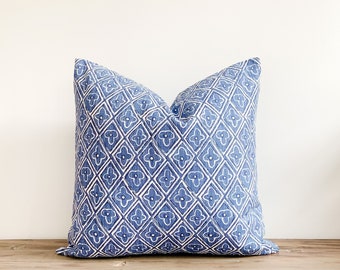 Blue Floral Block Print Pillow Cover: USA Handcrafted Cotton Accent