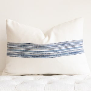 White Linen Lumbar Pillow with Schumacher Indigo Tape, 14 x 20
