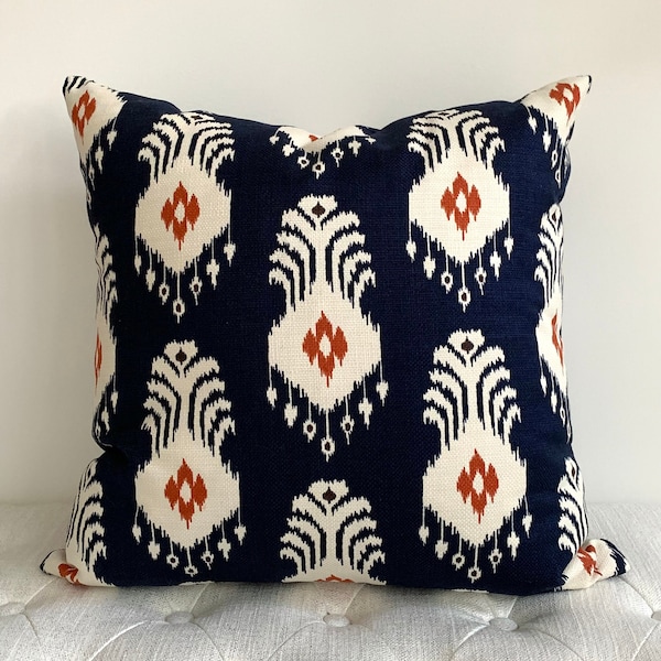 Blue and white  Ikat lumbar designer pillow, stain resistant decorative pillow, throw pillow, cushion