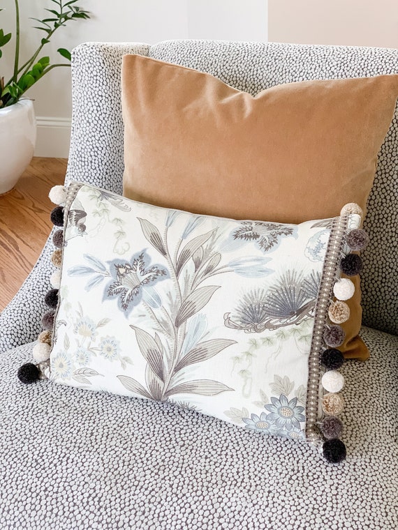 12 X 16 Linen Floral Designer Pillow With Pom Poms by Romo Decorative Pillow Home Decor Lumbar Pillow Designer Fabric Home Decorating Etsy