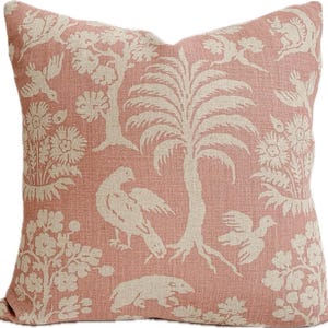 Schumacher Woodland Silhouette designer throw pillow, blush accent pillow, flora & fauna linen decorative pillow, luxury linen pillow cover