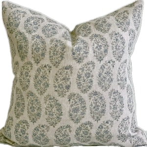 Blue Botanical Linen Pillow Cover: Vintage Style Designer Fabric