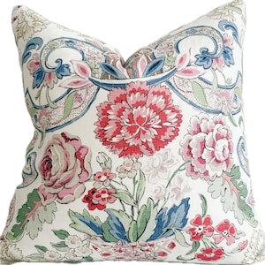 Cowtan and Tout Savona multi color floral designer pillow cover, pink and white decorative pillow with peonies, sofa pillow