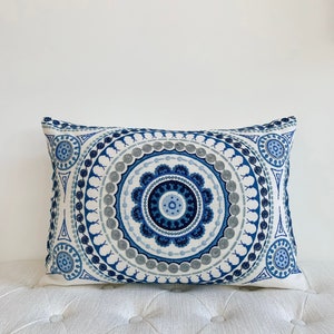 Blue and White Embroidered Schumacher Pillow cover, 14 x 20 lumbar pillow