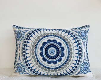 Blue and White Embroidered Schumacher Pillow cover, 14 x 20 lumbar pillow