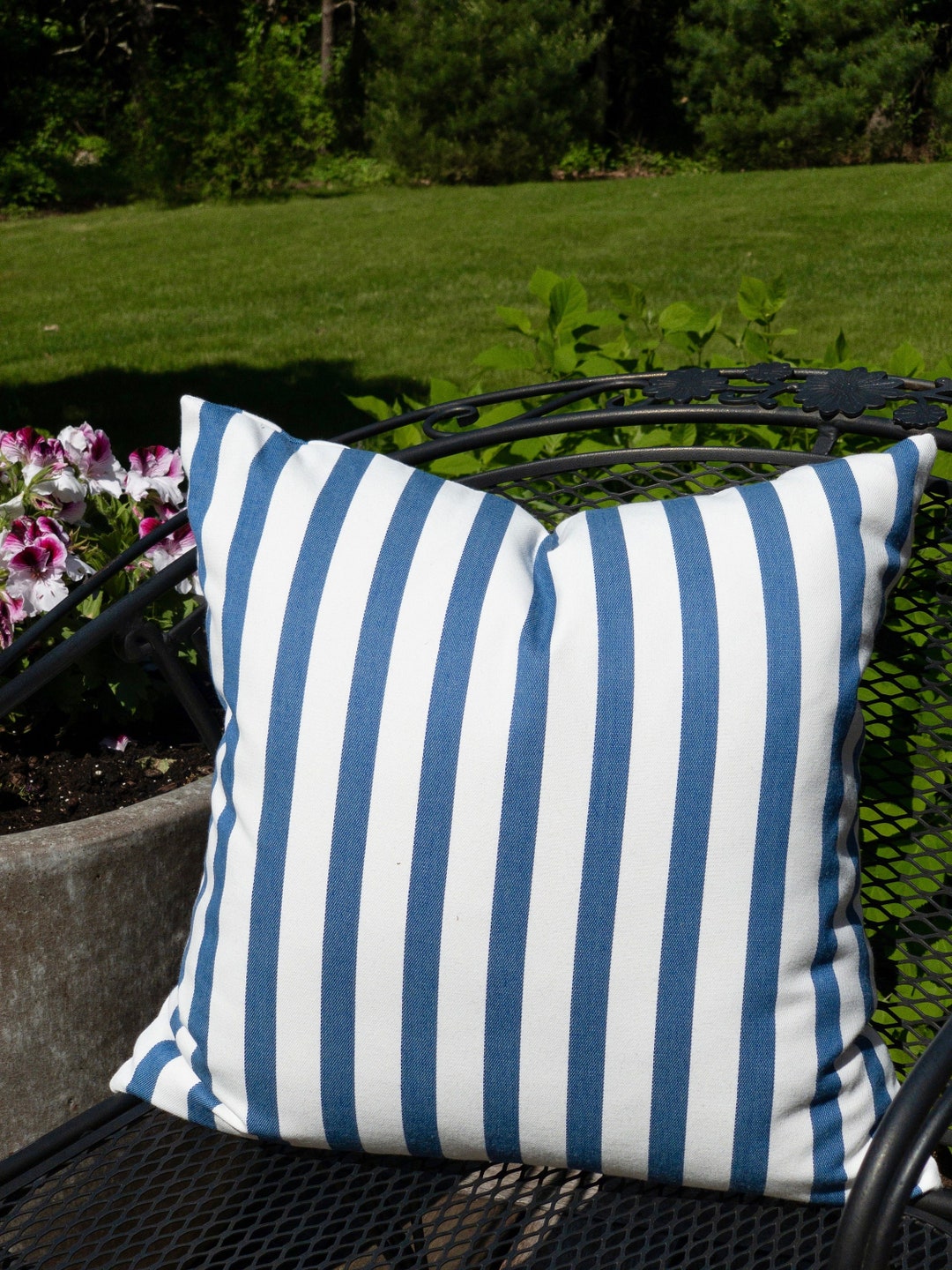 Perennials Blue and White Striped Outdoor Pillow Cover, Indoor/outdoor