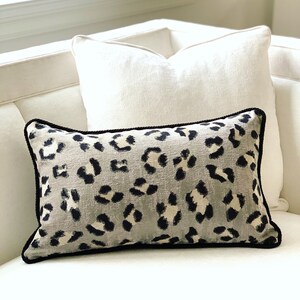 Scalamandre Leopard Pillow Cover: Grey Black Animal Print, Corded Trim