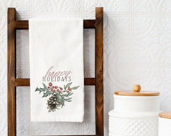 Holly Berry Pinecone Christmas Tea Towel, Christmas Dish Towel, Holiday Tea Towel, Farmhouse Christmas, Christmas Tea Towel, Dish Towel