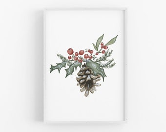 Watercolor Holly Berry Pinecone Art Print / Holiday Watercolor Art Print / Hand Painted Wall Art / Watercolor Wall Art / Holiday Art