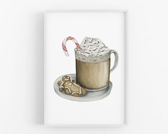 Watercolor Coffee and Cookies Art Print / Coffee Watercolor Art Print / Hand Painted Wall Art / Holiday Watercolor Wall Art / Christmas Art