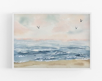 Pink Sunrise Watercolor Landscape Art Print / Landscape Watercolor Art Print / Hand Painted Wall Art / Landscape Watercolor Wall Art