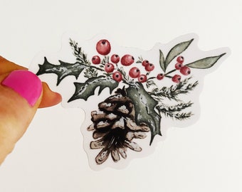Watercolor Holly Berry Sticker / Holiday Vinyl Sticker / Watercolor Sticker / Removable Waterproof Sticker / Drink Sticker / Laptop Sticker