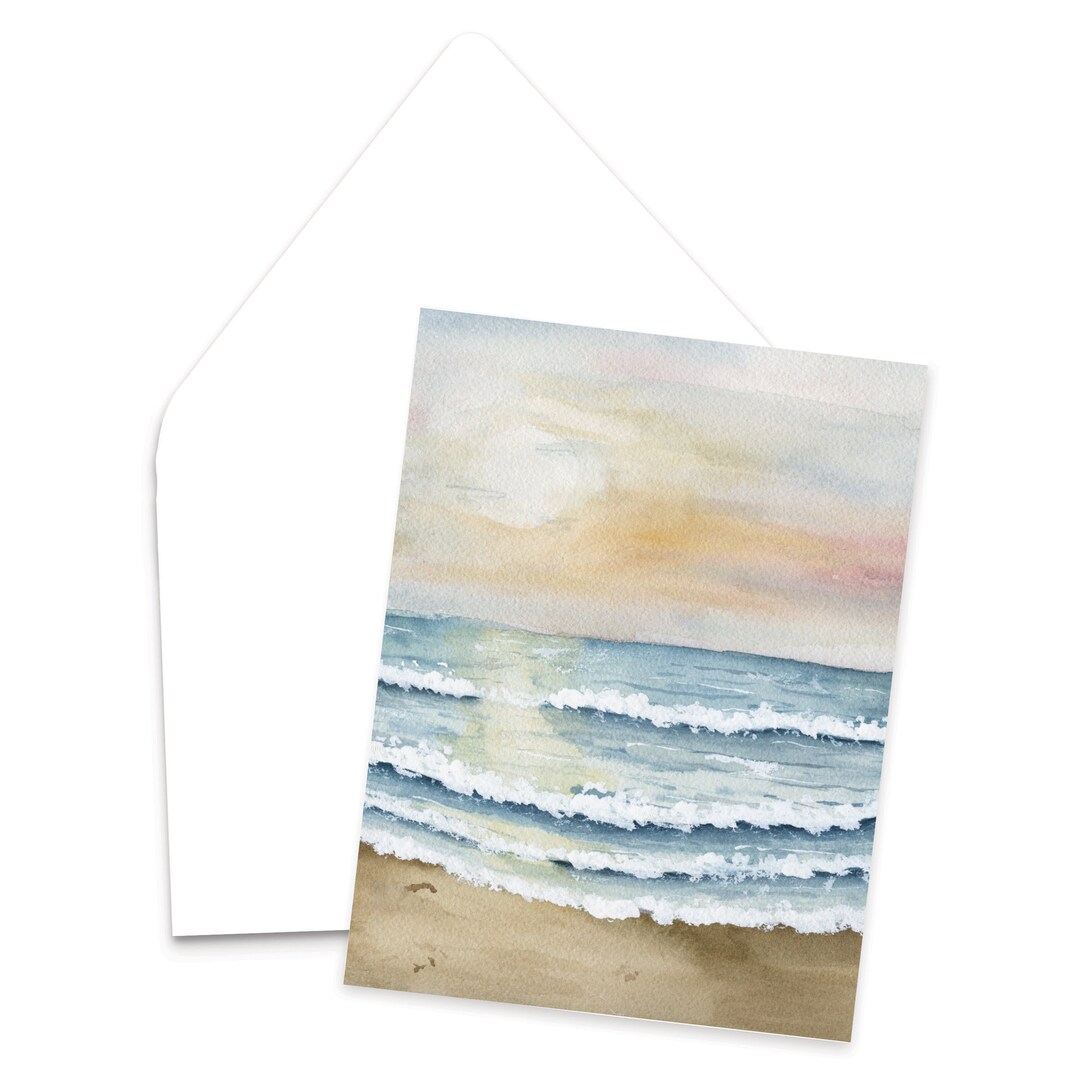 Serene Sunset Watercolor Beach Greeting Card / Landscape Painting ...