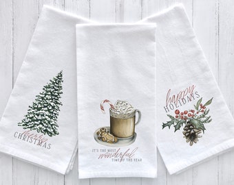Watercolor Christmas Tea Towel Bundle, Christmas Dish Towel, Holiday Tea Towel, Farmhouse Christmas, Christmas Cookies, Yuletide Greeting