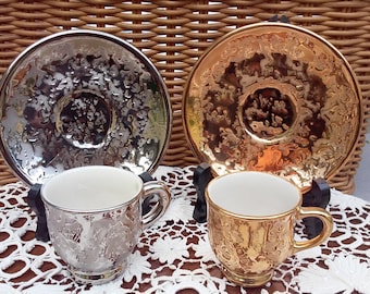 Gold and Silver Holly Ross Tea Cups and Saucers, Espresso size cups and saucers