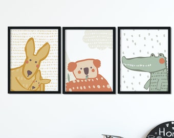 Australian animals. Kangaroo, koala bear and crocodile. Nursery set. Nursery print.