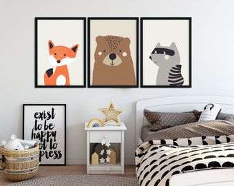3 pictures with forest animals in pastel colours. Nursery print. Illustration for kids. Fox, bear, raccoon