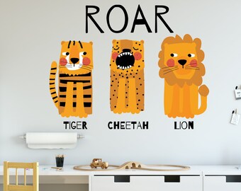 Wild cats stickers. Wall decal for kids with lion, tiger and a cheetah. Removable and Self Adhesive. vinyl, Eco water based non toxic inks