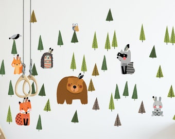 Brown bear in the forest with animals. wall stickers for kids with forest and a brown bear.  Removable vinyl, Eco water based non toxic inks