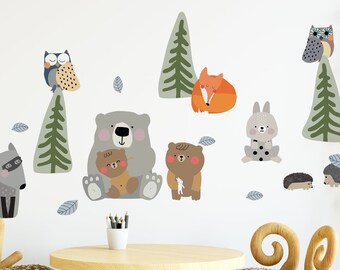 Animals in the forest. wall stickers for kids with bear, raccoon, fox, owl, hedgehog and rabbit between trees. Stickers for kids