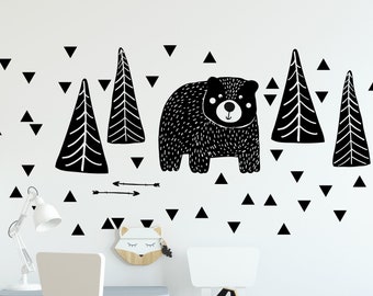 Black bear. Wall stickers for kids with forest and a bear. Printed, Removable Self Adhesive. vinyl, Eco water based non toxic inks