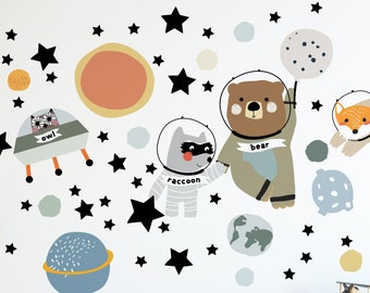 Woodland animals as cosmonauts in outer space. Wall stickers for kids with planets, stars. Removable. vinyl, Eco water based non toxic inks