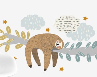 Sticker mural Sleeping Sloth pour enfants. Amovible et auto-adhésif. Sticker pépinière. Décoration de la chambre des enfants