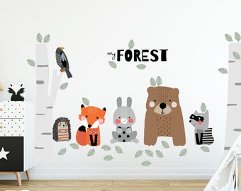 FOREST Wall sticker LARGE size. Animals, birch and leaves. Bear, fox, raccoon, bird, hedgehog, hare. vinyl, Eco water based non toxic inks
