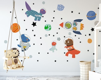 Dinosaurs in outer space. Wall stickers for kids with t-rex, triceratop, diplodocus. Eco water based non toxic inks