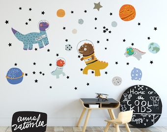 Dinosaurs in outer space. Wall stickers for kids with t-rex, diplodocus, dinos, planets, stars. vinyl, Eco water based non toxic inks