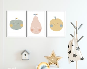 Delicate set of fruit prints. Sweet apple, pear and orange. set for nursery. Nursery print. Scandinavian style. Pastel colors.