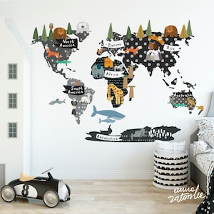 Carte du monde animal, sticker mural. Vinyle auto-adhésif amovible et amovible