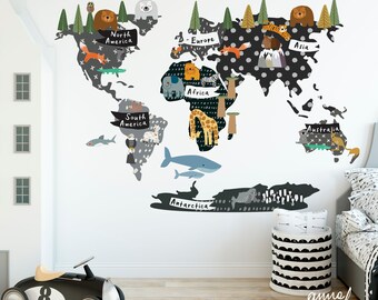 ENGLISH, GERMAN, FRENCH or polish - Animal World map, wall sticker in black and white. Printed, Removable Eco water based non toxic inks
