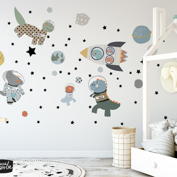 Dinosaurs in outer space. Wall stickers for kids with t-rex, triceratop, diplodocus. Eco water based non toxic inks