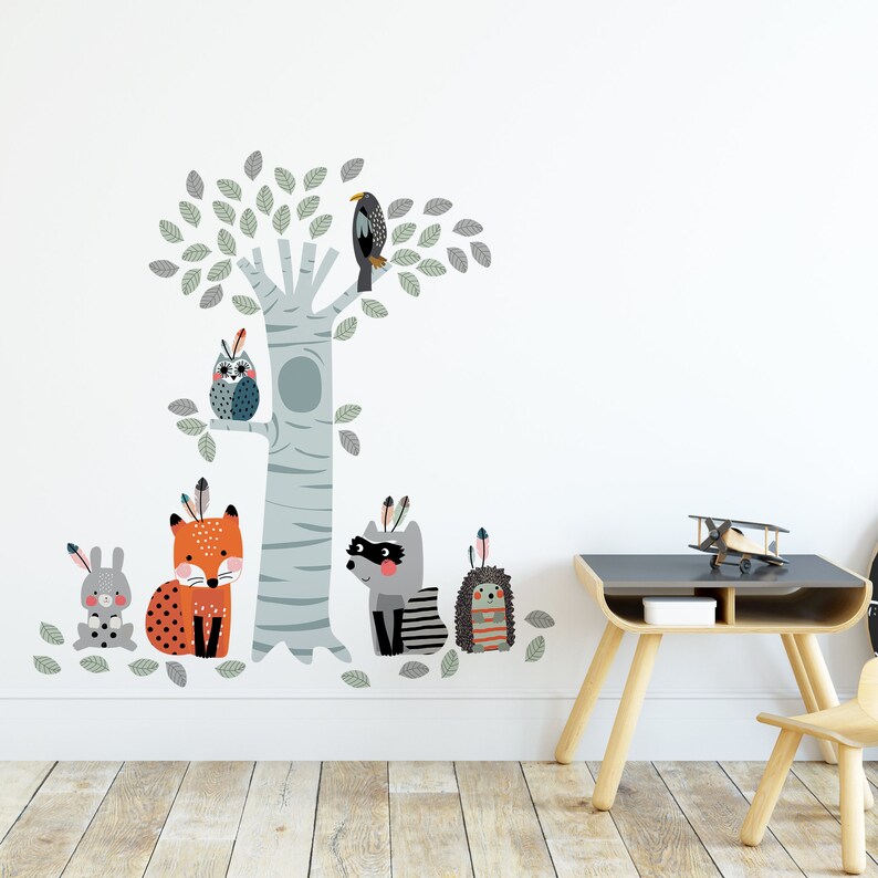 Fox TREE Wall Decal For Kids with animals tree Nursery Wall Decal Raccoon Rabbit Owl and Hedgehog