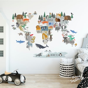 Carte du monde animal, sticker mural. Vinyle auto-adhésif amovible et amovible