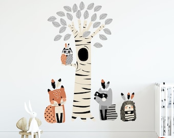 TREE Wall Decal For Kids with animals, tree Nursery Wall Decal, Raccoon, Fox, Owl and Hedgehog. vinyl, Eco water based non toxic inks