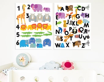 Animals alphabet and numbers from 1 to 6. Printable and instant downloadable. Nursery decor.