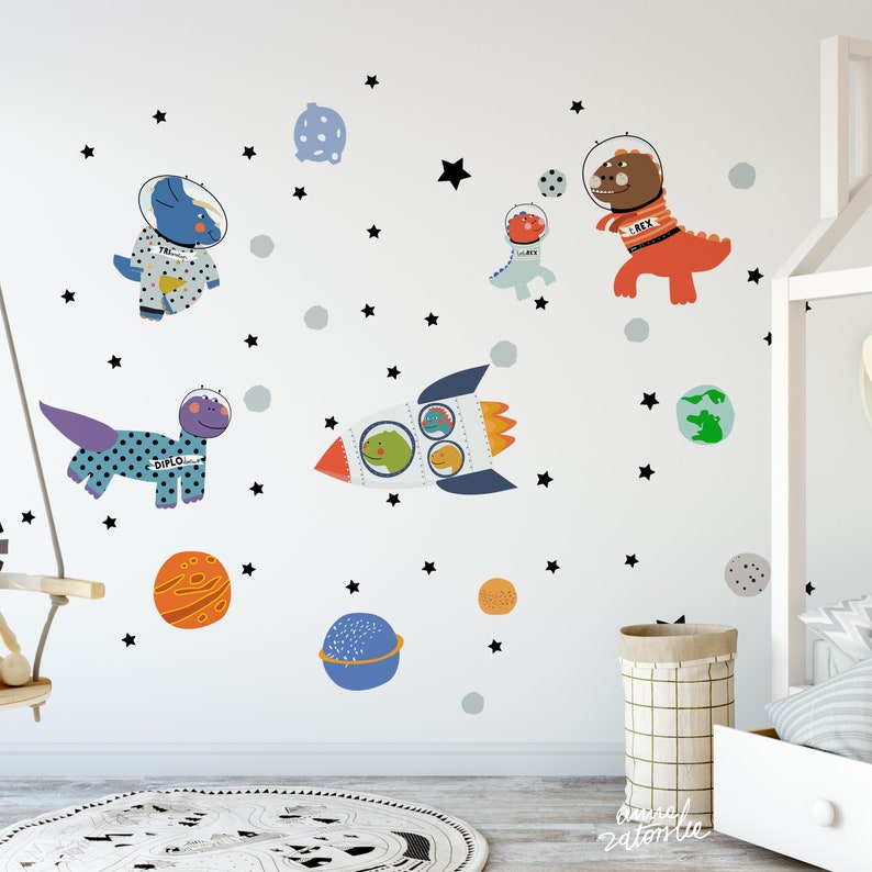 Dinosaurs in outer space. Wall stickers for kids with trex Etsy
