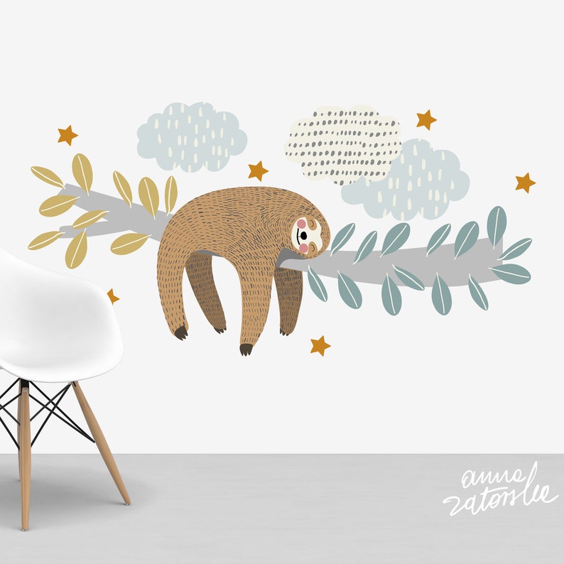 Sticker mural Sleeping Sloth pour enfants. Amovible et auto-adhésif. Sticker pépinière. Décoration de la chambre des enfants image 1