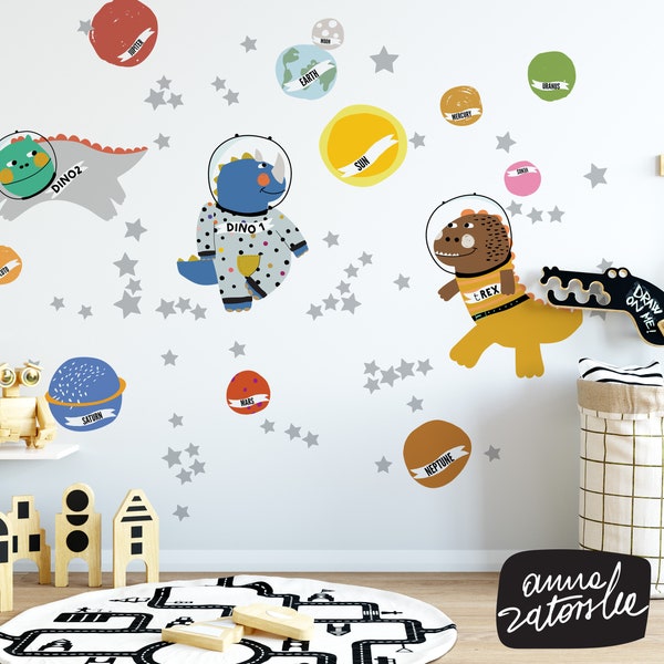 Dinosaurs in outer space. Wall stickers for kids with t-rex, planets, stars. Printed, Removable, vinyl, Eco water based non toxic inks