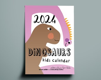 Dinosaurs calendar for kids  for 2024 with set of mini stickers. Printed calendar. European A5 size. 13 pages, on a spiral.