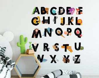 Large wall decal for kids with animal alphabet. 26 english letters. Printed, Removable Self Adhesive vinyl. Eco water based non toxic inks