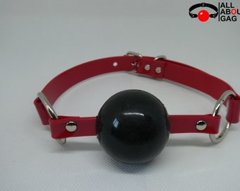 Black Silicon Ball Gag with  PVC red strap -Lockable -Vegan