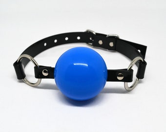 HUGE (56mm) blue silicon ball gag with PVC strap -Lockable -Vegan