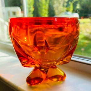 Vintage Groovy Bright Orange Viking Glass Footed Compote Dish Retro Boho MCM Decor