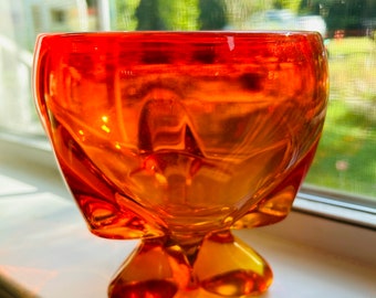 Vintage Groovy Bright Orange Viking Glass Footed Compote Dish Retro Boho MCM Decor